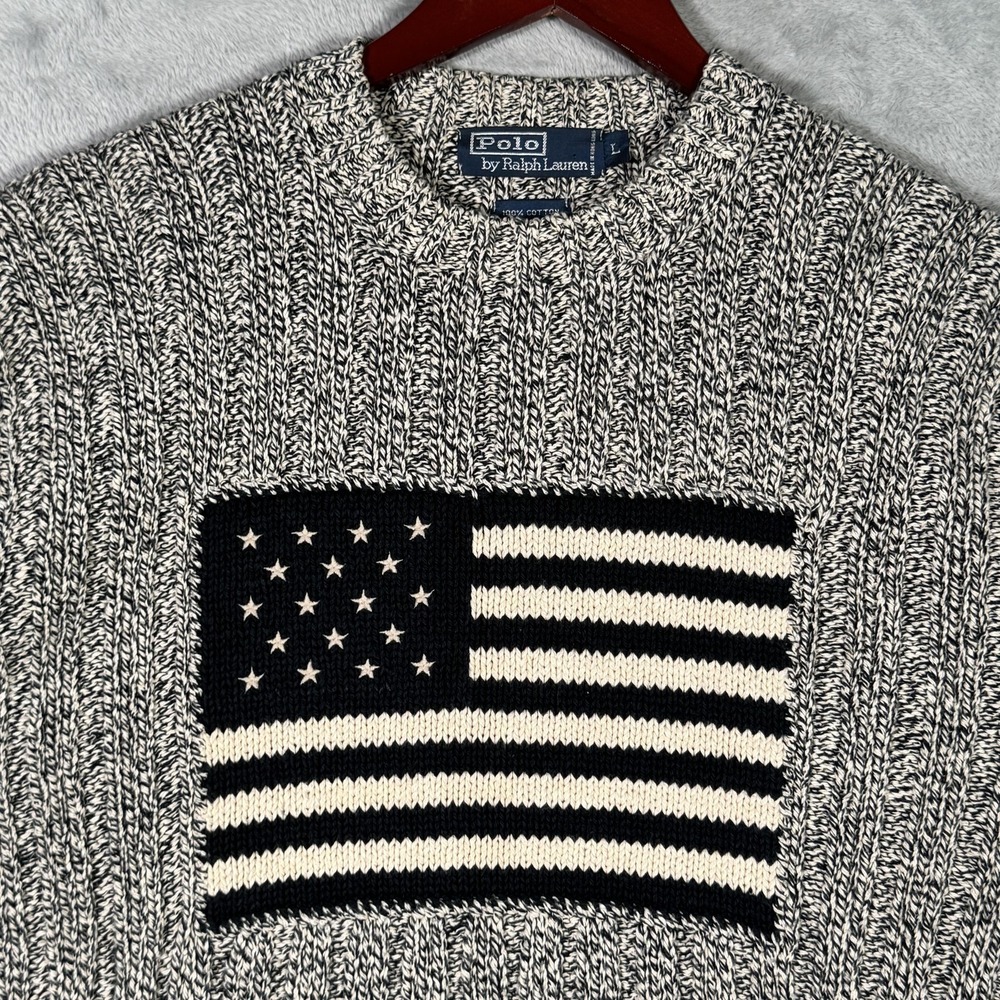 Vintage Polo Ralph Lauren Sweater Mens Large Gray USA Flag Cable Knit‎ 90s